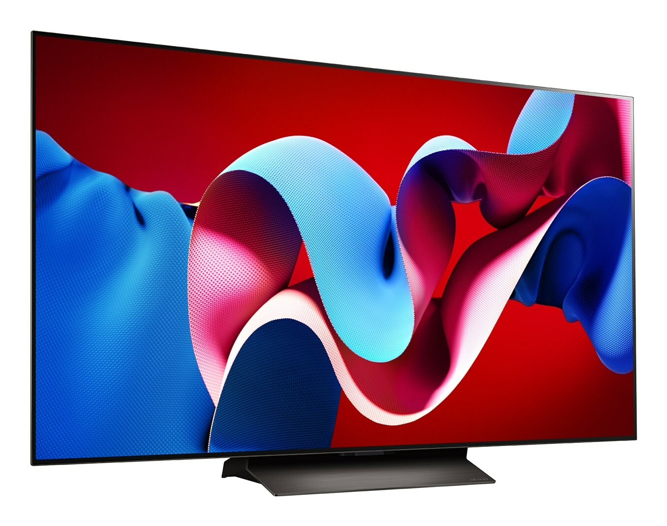 Un televisor grande con marco negro muestra cintas abstractas azules, rosas y blancas sobre un fondo rojo. El televisor está sobre un soporte negro.