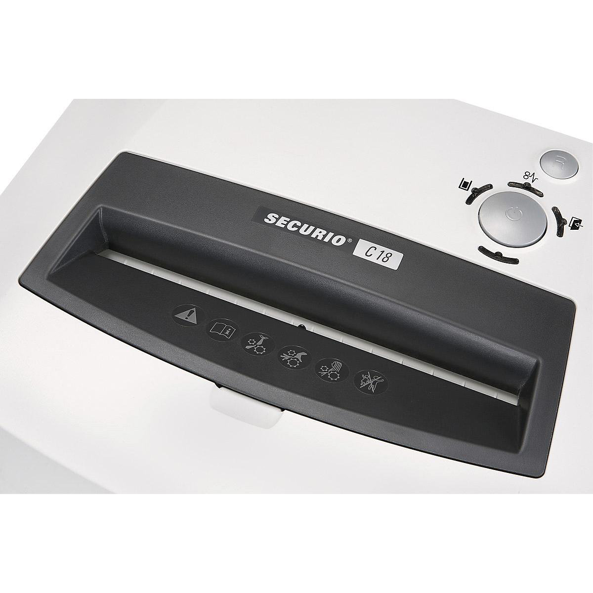 Widok z góry na biało-szarą niszczarkę do papieru. Ma czarny otwór na papier, panel sterowania z przyciskami i logo 'Securio C18'.