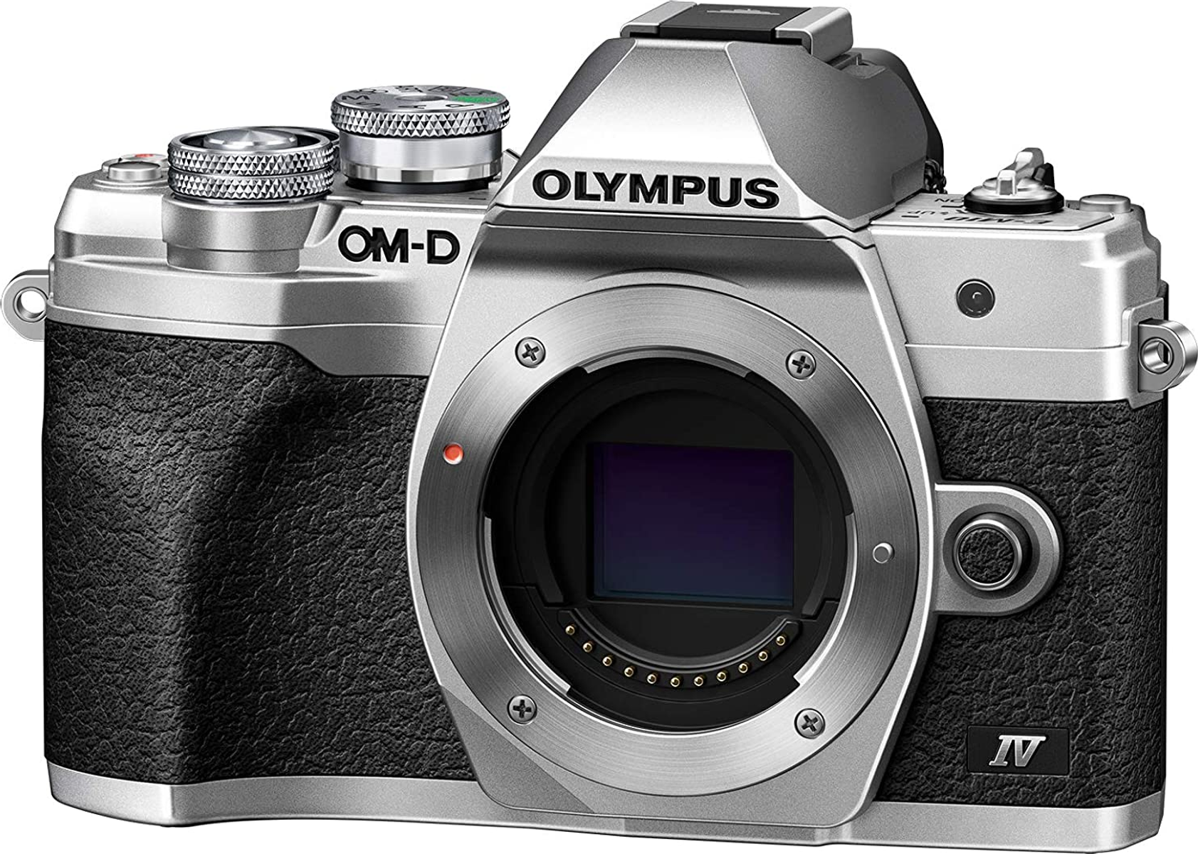 Silberne und schwarze Olympus OM-D Kamera. Merkmale umfassen Objektiv, Drehregler und strukturierter Griff. Das Objektiv hat ein lila Innenleben.