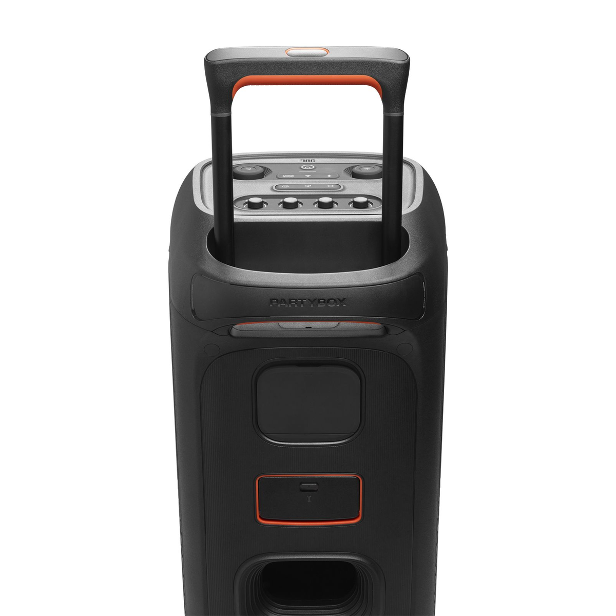 Schwarzer JBL PartyBox-Lautsprecher mit orangefarbenen Akzenten, Griff und Bedienfeld. Rechteckiger Lautsprecher mit Griff und Bedienfeld.