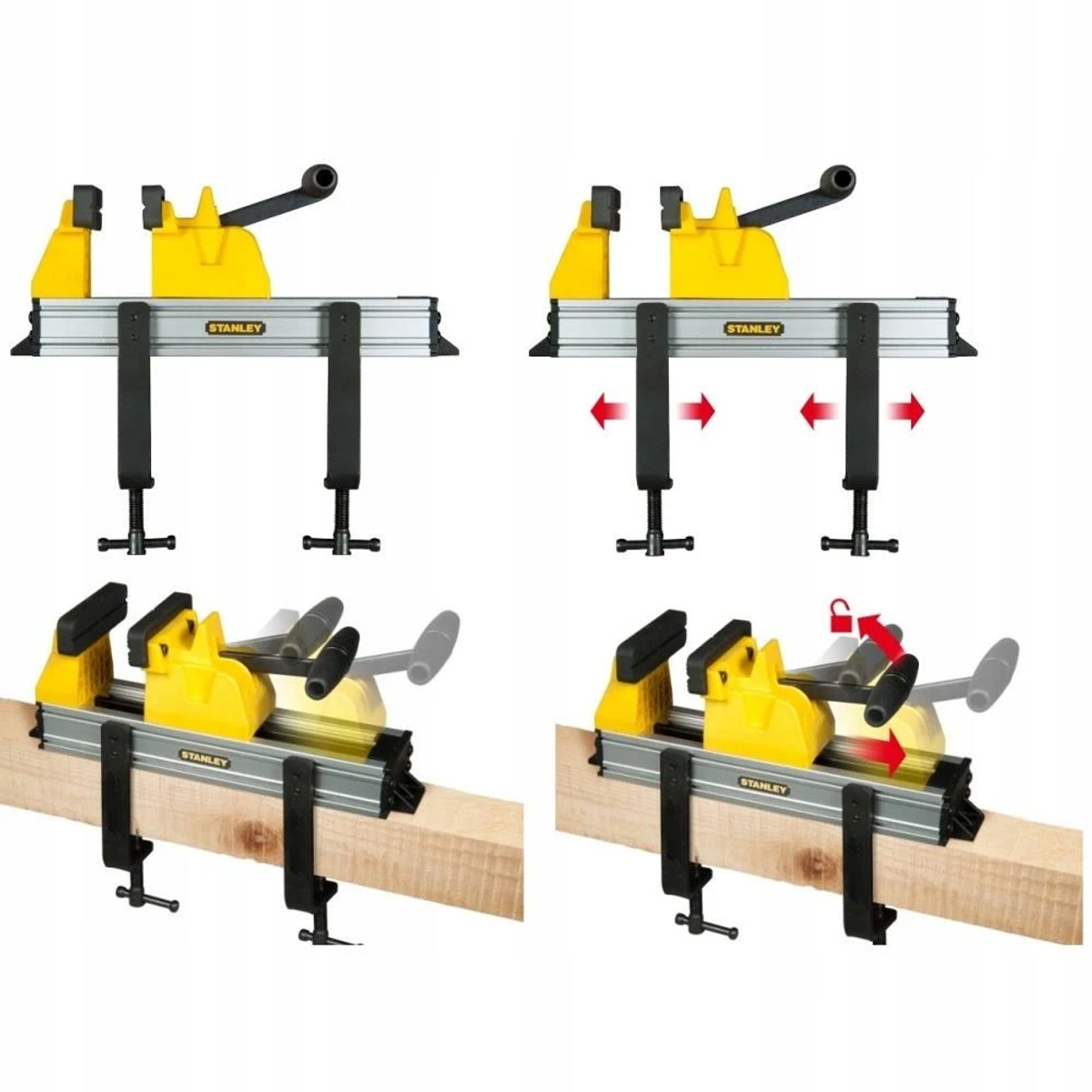 Immagine a quattro pannelli che mostra un morsetto per la lavorazione del legno Stanley in diverse fasi. I componenti del morsetto gialli e neri sono mostrati su una trave di legno.