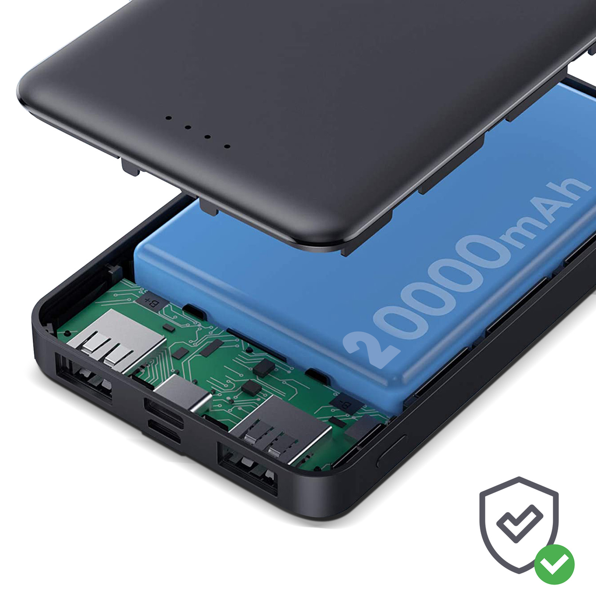 Schwarze Powerbank, teilweise zerlegt, mit Innenkomponenten, blauem Akku mit 20000 mAh und Leiterplatte.