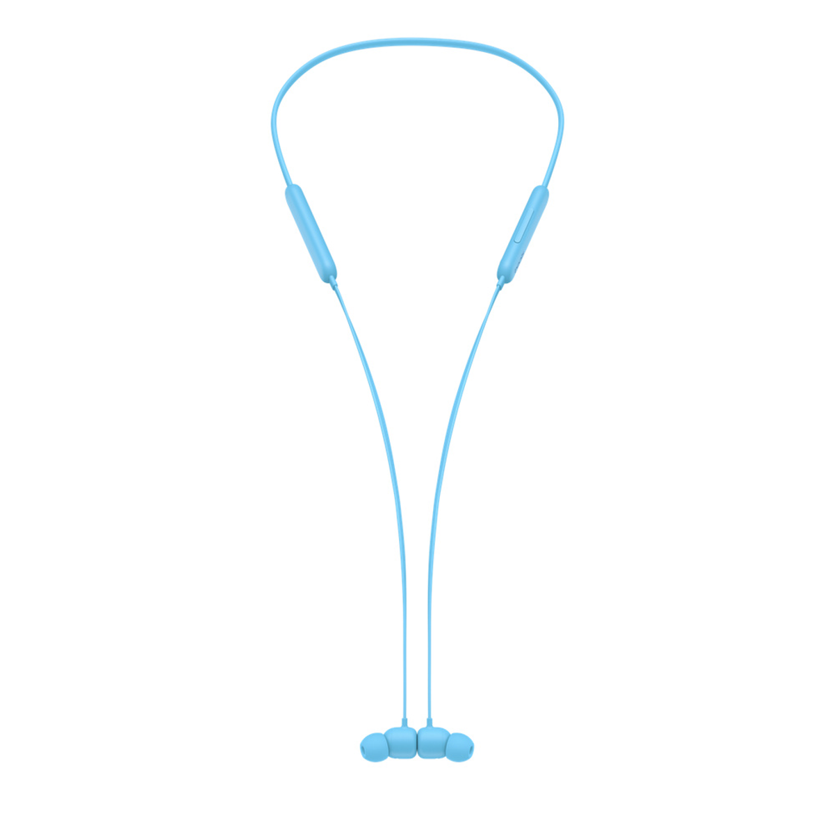 Jasnoniebieskie bezprzewodowe słuchawki z pałąkiem na szyję. Słuchawki są połączone cienkimi kablami z pałąkiem na szyję. Tło jest białe.