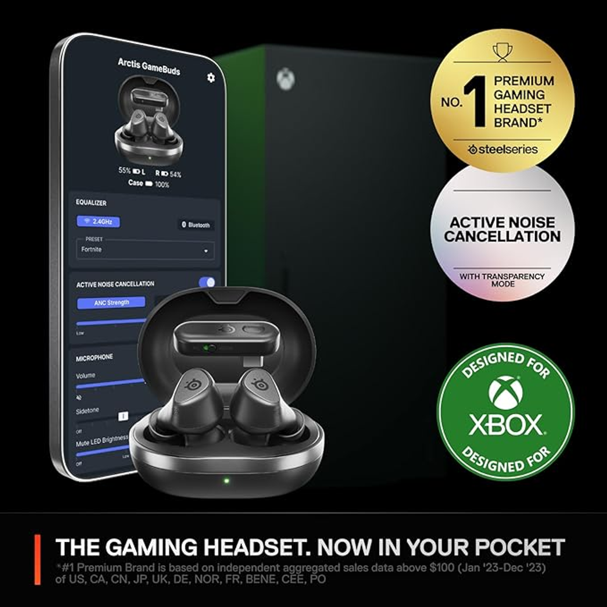 Auricolari da gaming neri, custodia di ricarica, impostazioni del telefono, console Xbox e loghi del marchio su sfondo nero.