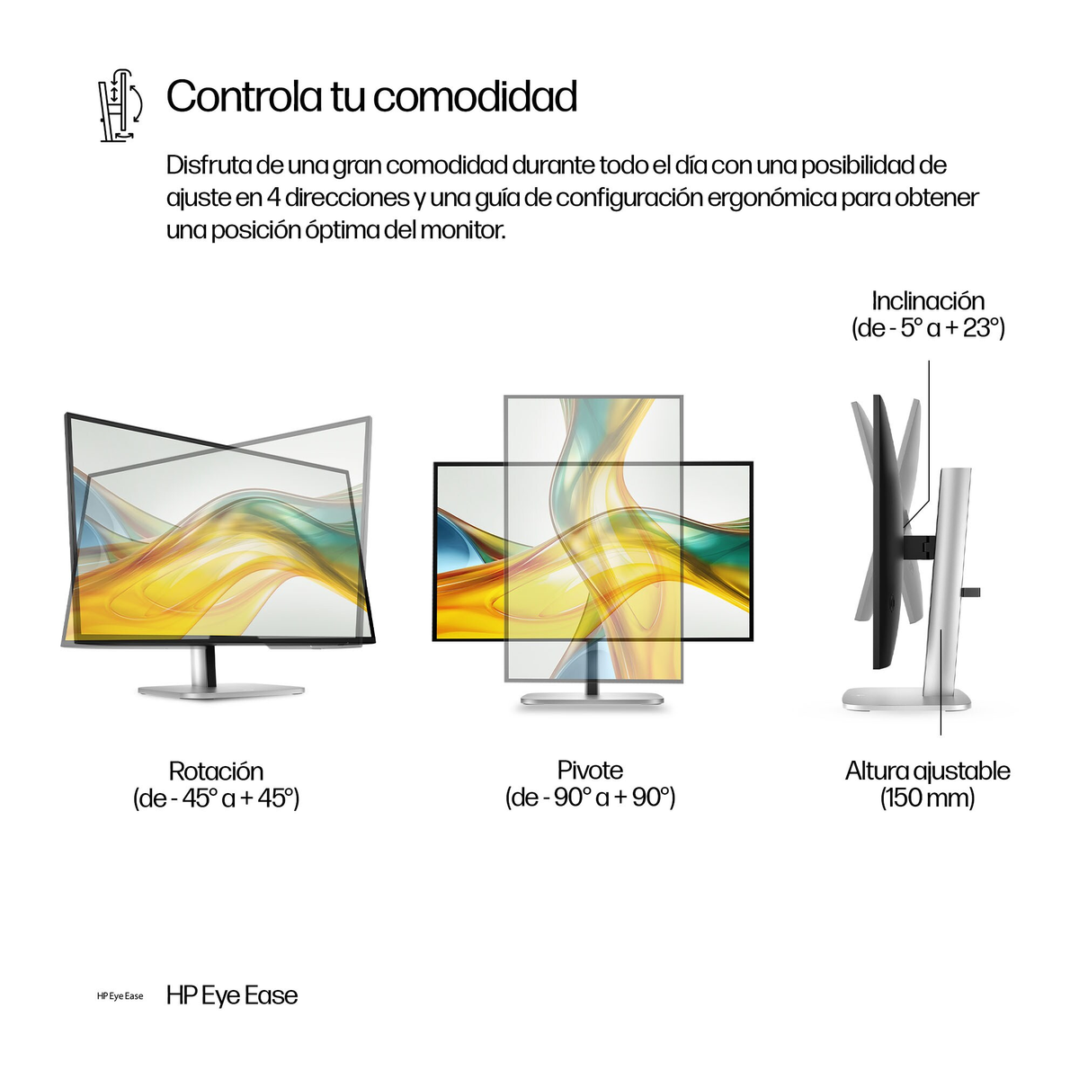 Schemat pokazujący regulacje monitora: obrót, obrót, pochylenie i wysokość. Hiszpański tekst opisuje funkcje ergonomiczne.