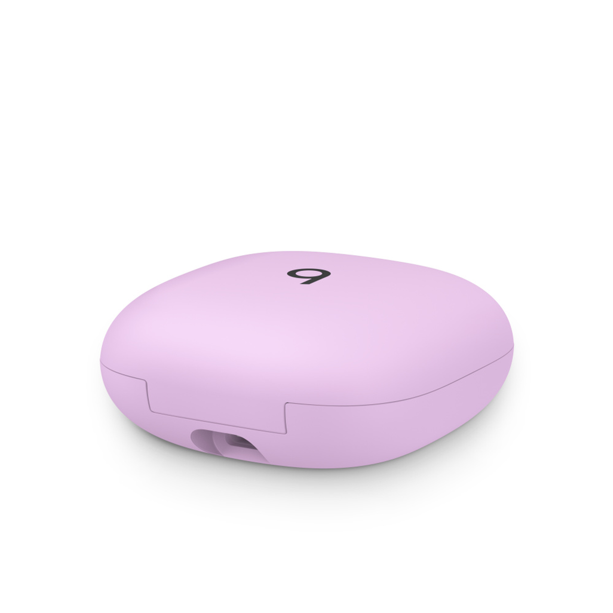 Jasnofioletowe, owalne etui z czarnym logo i małym otworem. Tło jest białe.