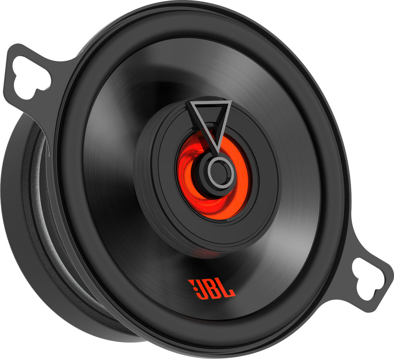 Altoparlante JBL nero. Forma circolare con anello interno rosso. Triangolo e logo argentati. Due linguette di montaggio a forma di cuore.