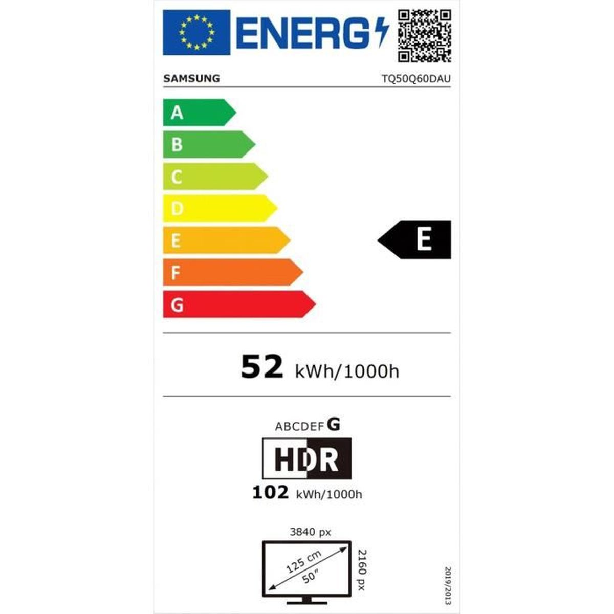 Energielabel für einen Samsung-Fernseher. Es zeigt die Energieeffizienzklasse, den Energieverbrauch und HDR-Informationen.
