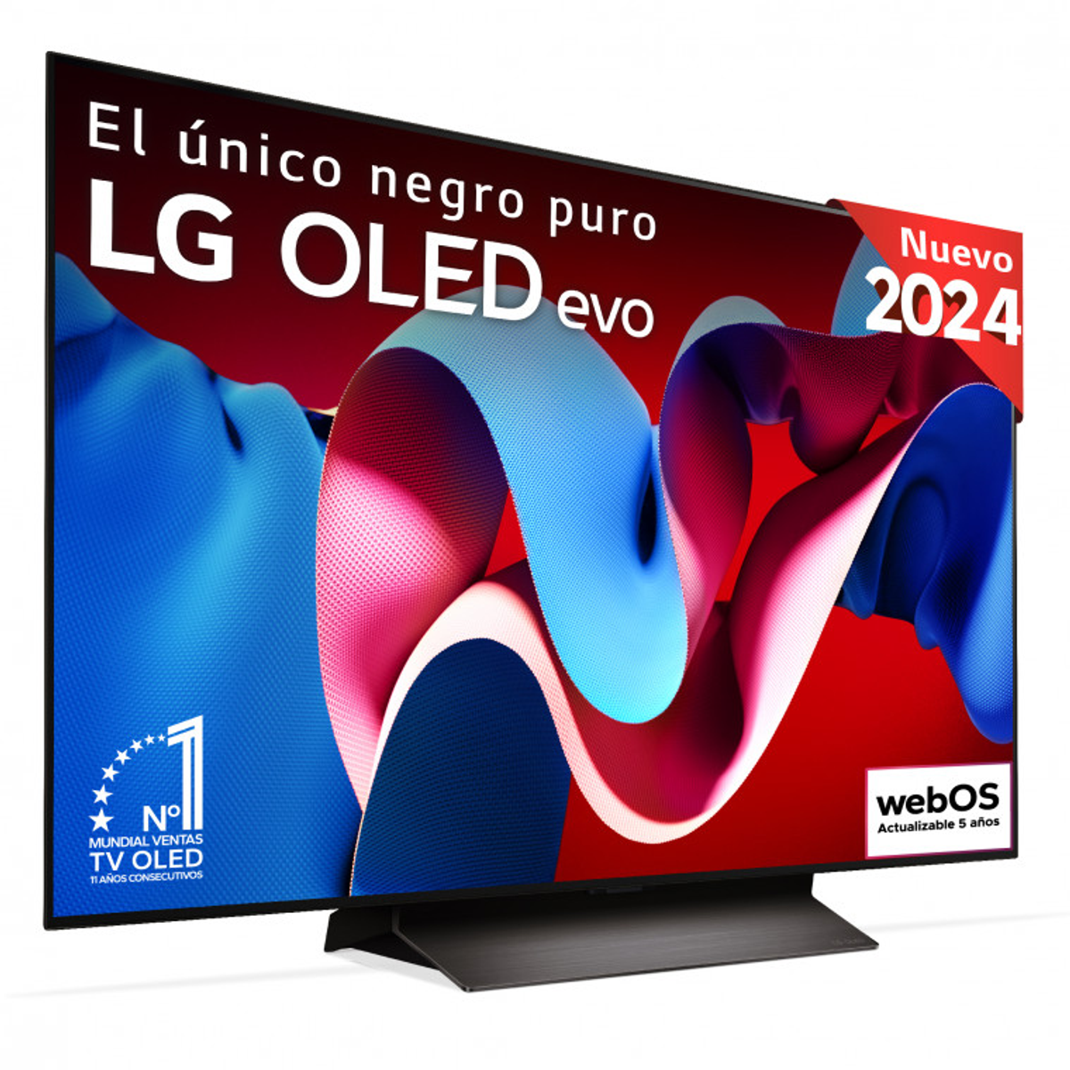 Telewizor LG OLED evo z czerwono-niebiesko-białą grafiką. Zawiera 'Nuevo 2024' i 'webOS'. Obejmuje 'N° 1' dla sprzedaży TV OLED.