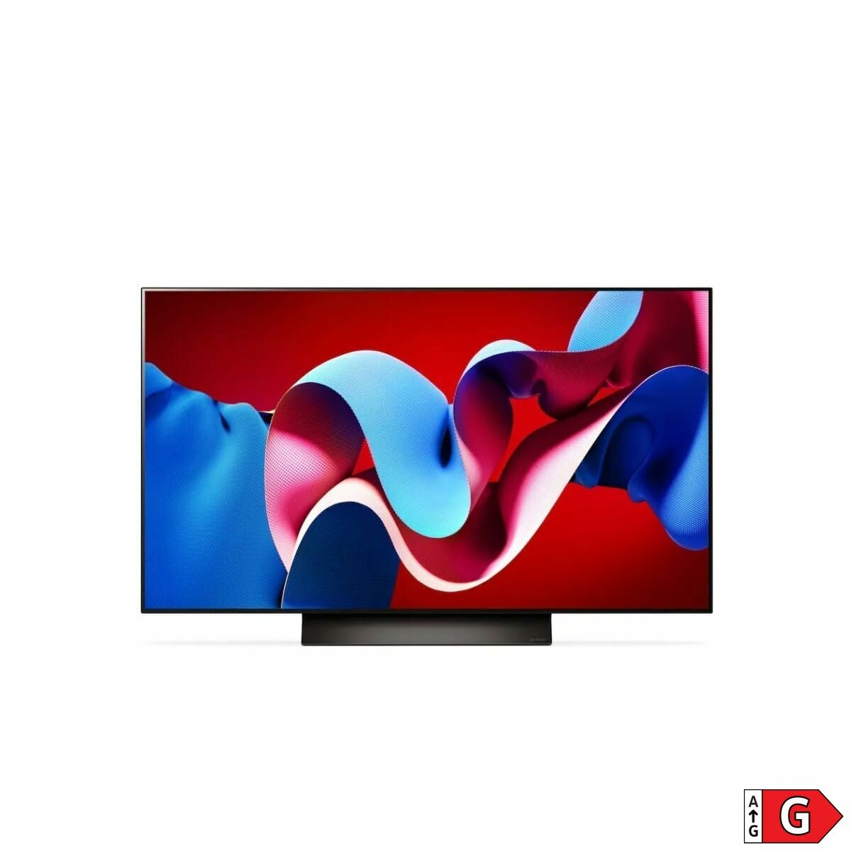 Czarny telewizor wyświetla abstrakcyjną grafikę z niebieskimi, różowymi i czerwonymi wstążkami. Telewizor stoi na czarnym stojaku na białym tle.