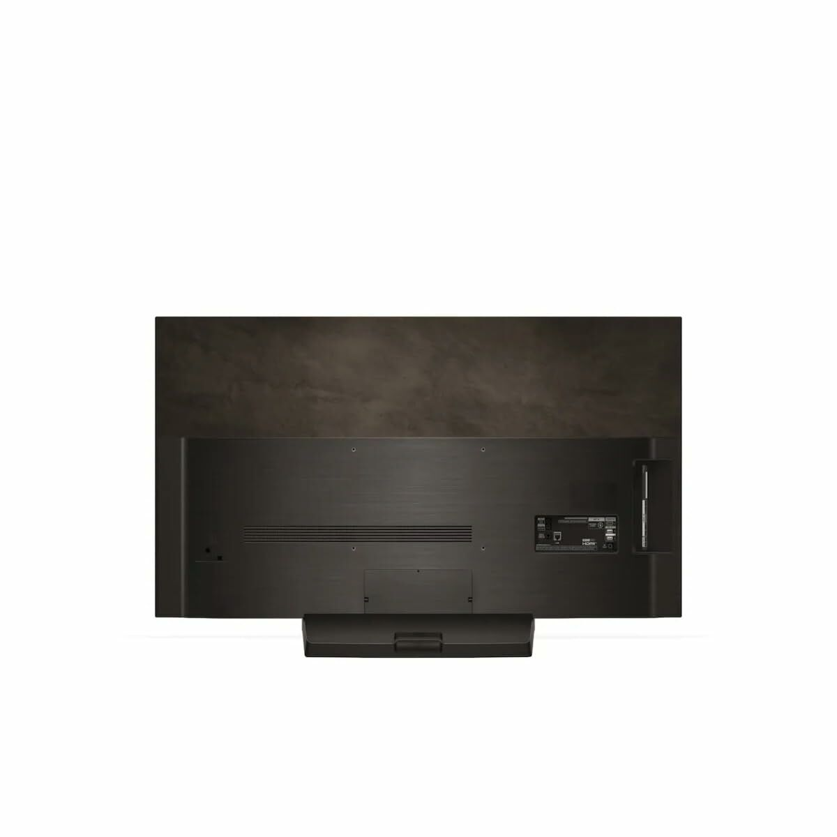 Widok z tyłu czarnego telewizora na stojaku. Telewizor ma ciemne, teksturowane tło.