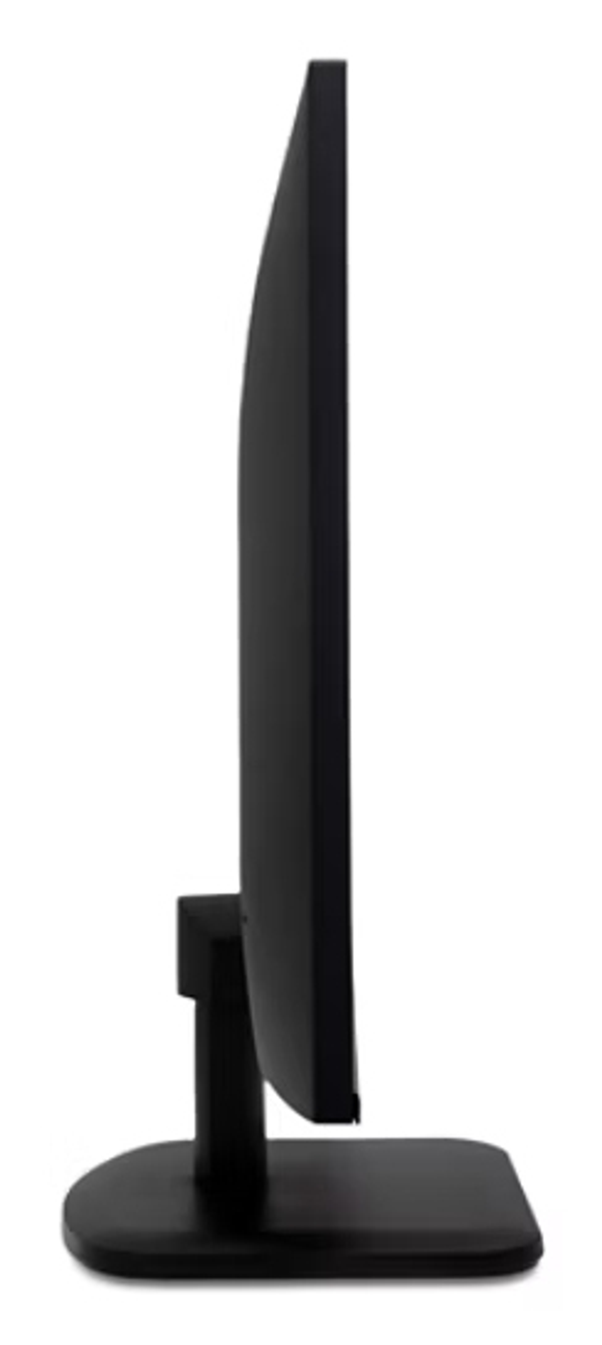Widok z boku czarnego monitora komputerowego. Ma prostokątny ekran wspierany przez podstawkę. Tło jest białe.
