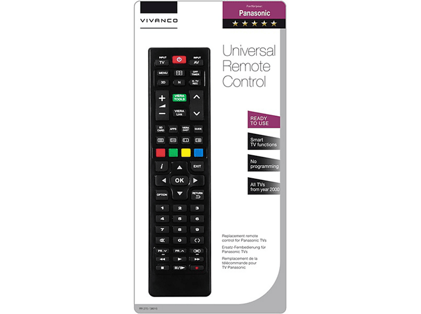 Un control remoto universal Vivanco para televisores Panasonic se muestra en un paquete blanco y negro. Tiene muchos botones.