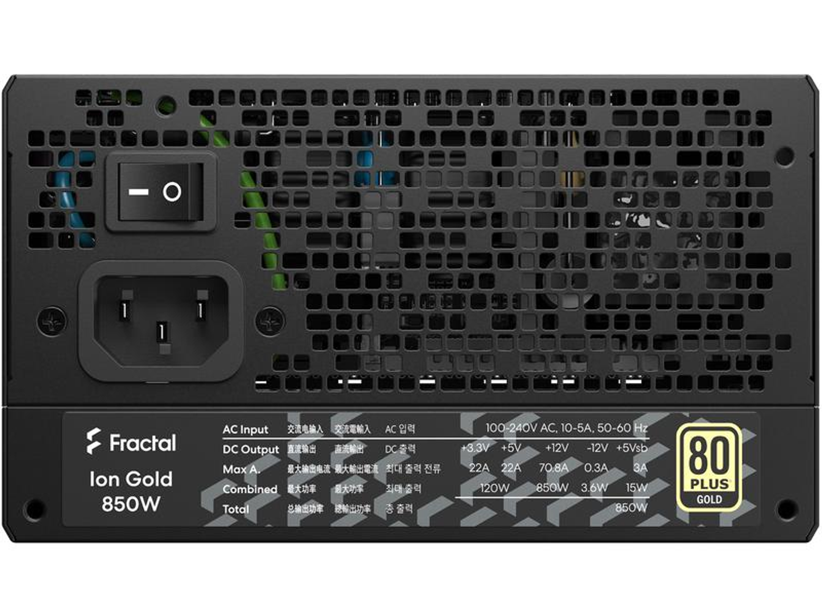 Alimentatore Fractal Ion Gold 850W nero. Ha un ingresso CA, un interruttore e varie specifiche di uscita.