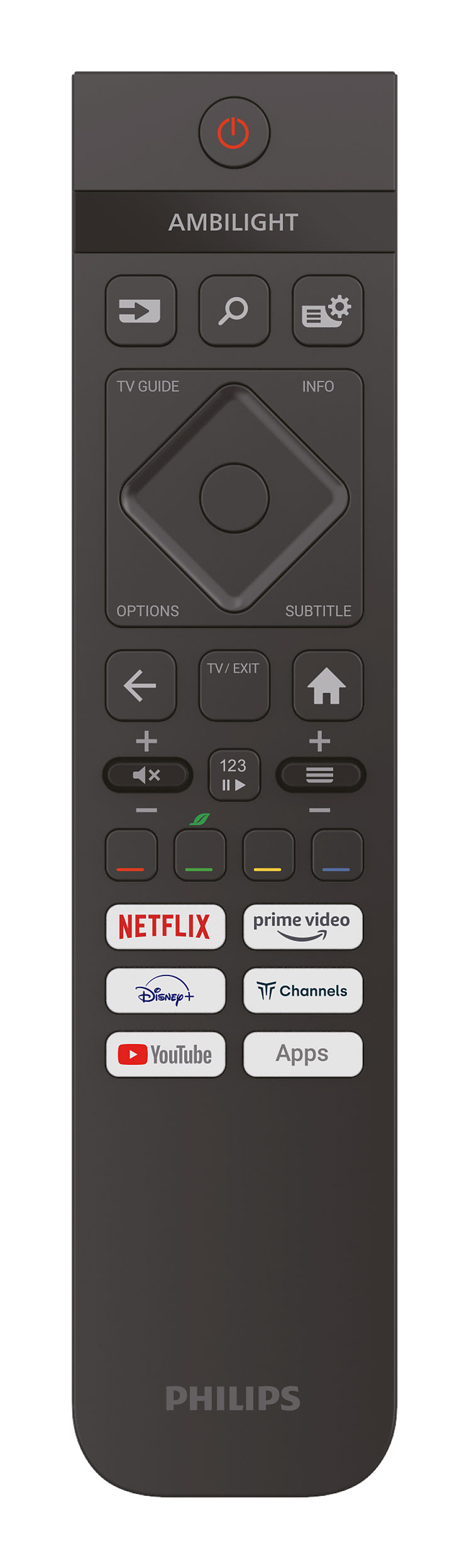 Dunkle Philips TV-Fernbedienung. Hat Ein/Aus-Taste, Navigation, und App-Tasten für Streaming-Dienste wie Netflix.