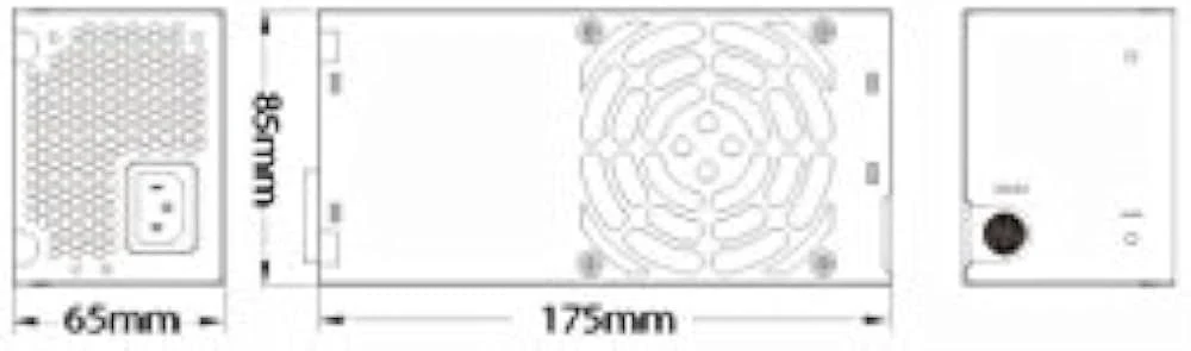 Schemat zasilacza komputerowego. Pokazuje wymiary: 65 mm, 85 mm i 175 mm. Posiada wentylator, wejście zasilania i inne elementy.