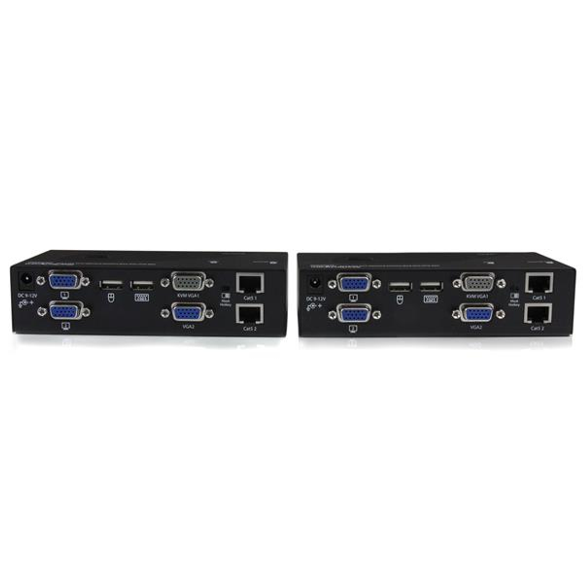 Due switch KVM neri su sfondo bianco. Ogni switch ha porte per cavi VGA, USB ed Ethernet.