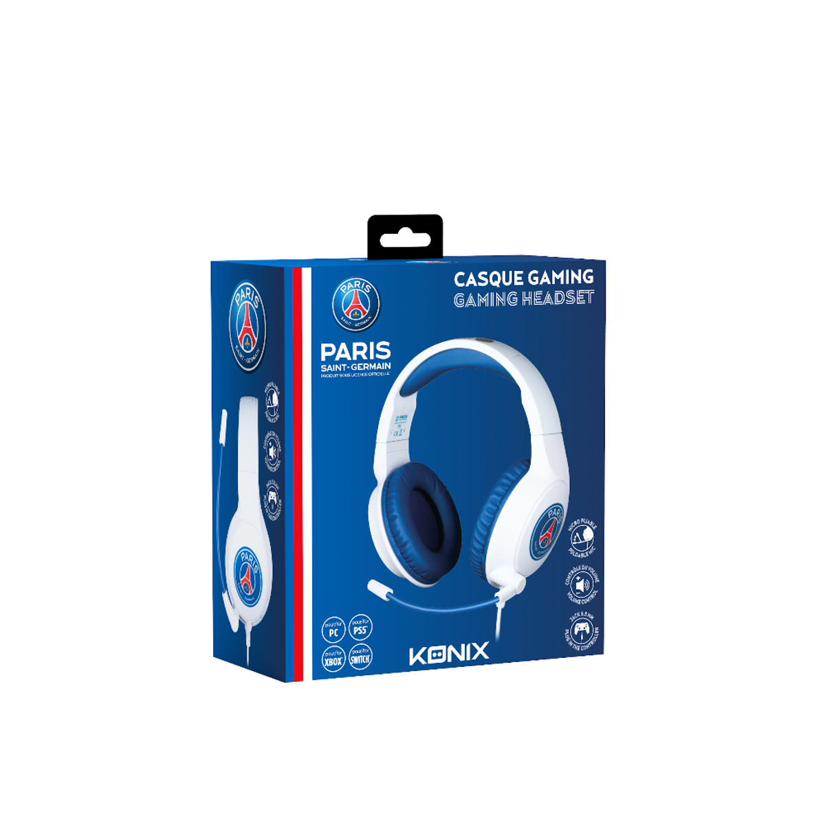 Zapakowany zestaw słuchawkowy dla graczy. Biało-niebieski design z logo Paris Saint-Germain. Zawiera mikrofon i regulację głośności.