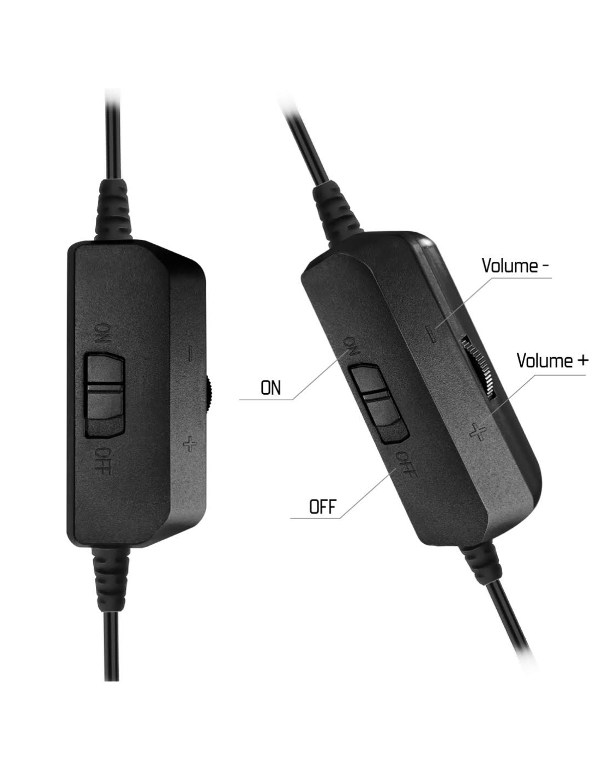 Dwa czarne moduły sterowania słuchawkami. Jeden pokazuje stronę z przełącznikiem włącz/wyłącz. Drugi pokazuje regulację głośności i przełącznik włącz/wyłącz.