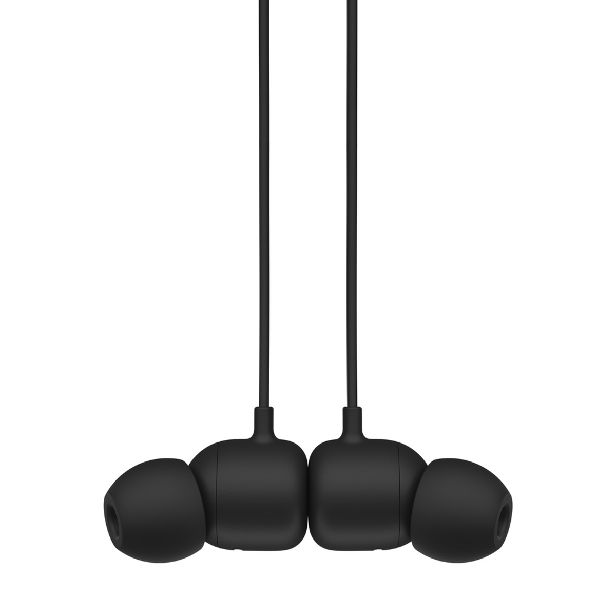 Czarne słuchawki douszne z przewodem. Słuchawki douszne są czarne i mają zaokrąglony kształt. Przewód jest czarny.