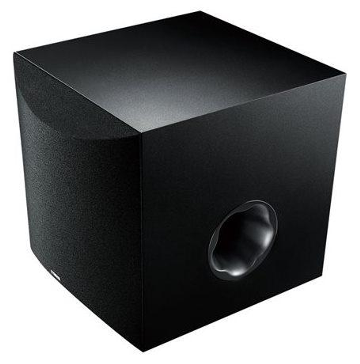 Yuvarlak ön bağlantı noktasına sahip siyah bir subwoofer. Üst ve yanlar pürüzsüzken, bir tarafı dokulu bir yüzeye sahiptir.
