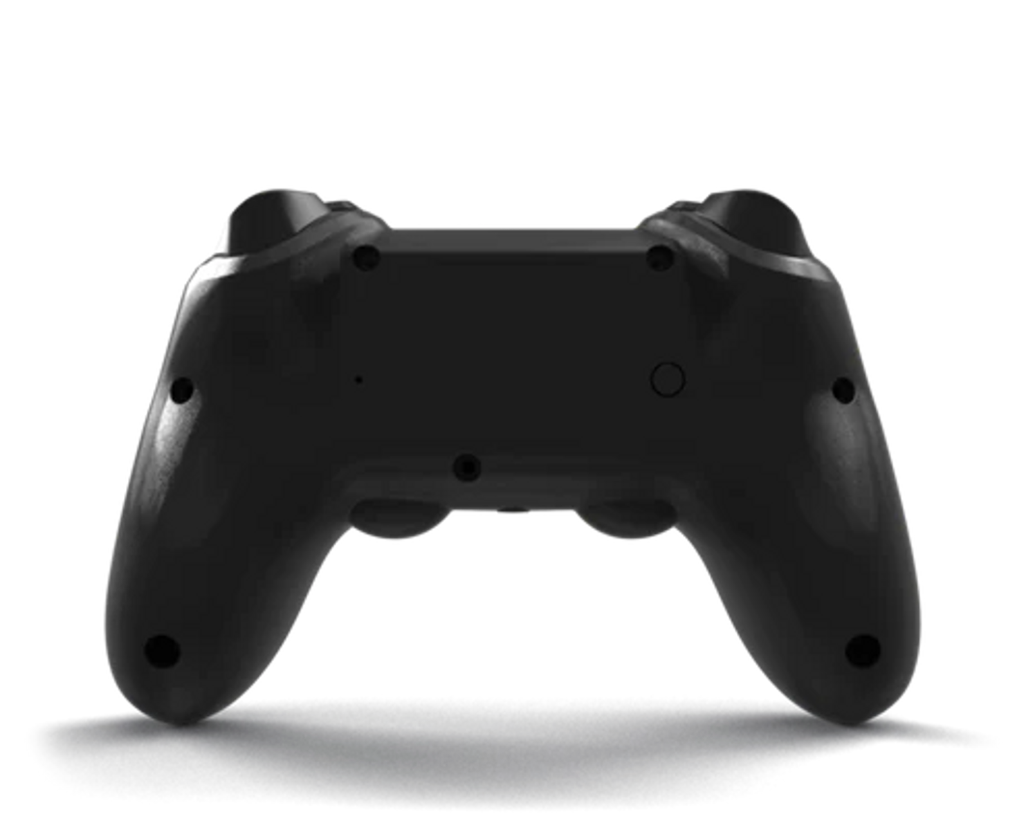 Widok z tyłu czarnego kontrolera do gier, z przyciskami, uchwytami i centralnym panelem, na ciemnym tle.