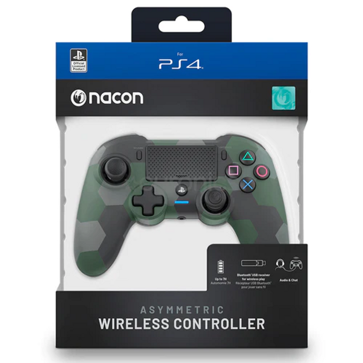 Kontroler bezprzewodowy Nacon PS4 w pudełku. Kontroler jest w zielonym kamuflażu. Na pudełku napisano 'Asymmetric Wireless Controller'.