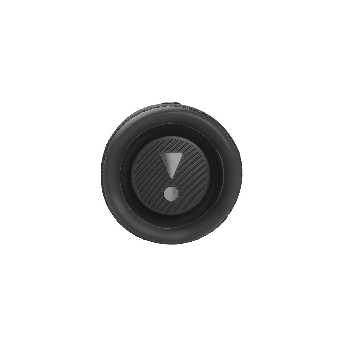 Un altavoz negro y circular. El centro tiene un símbolo de signo de exclamación. El fondo es blanco.