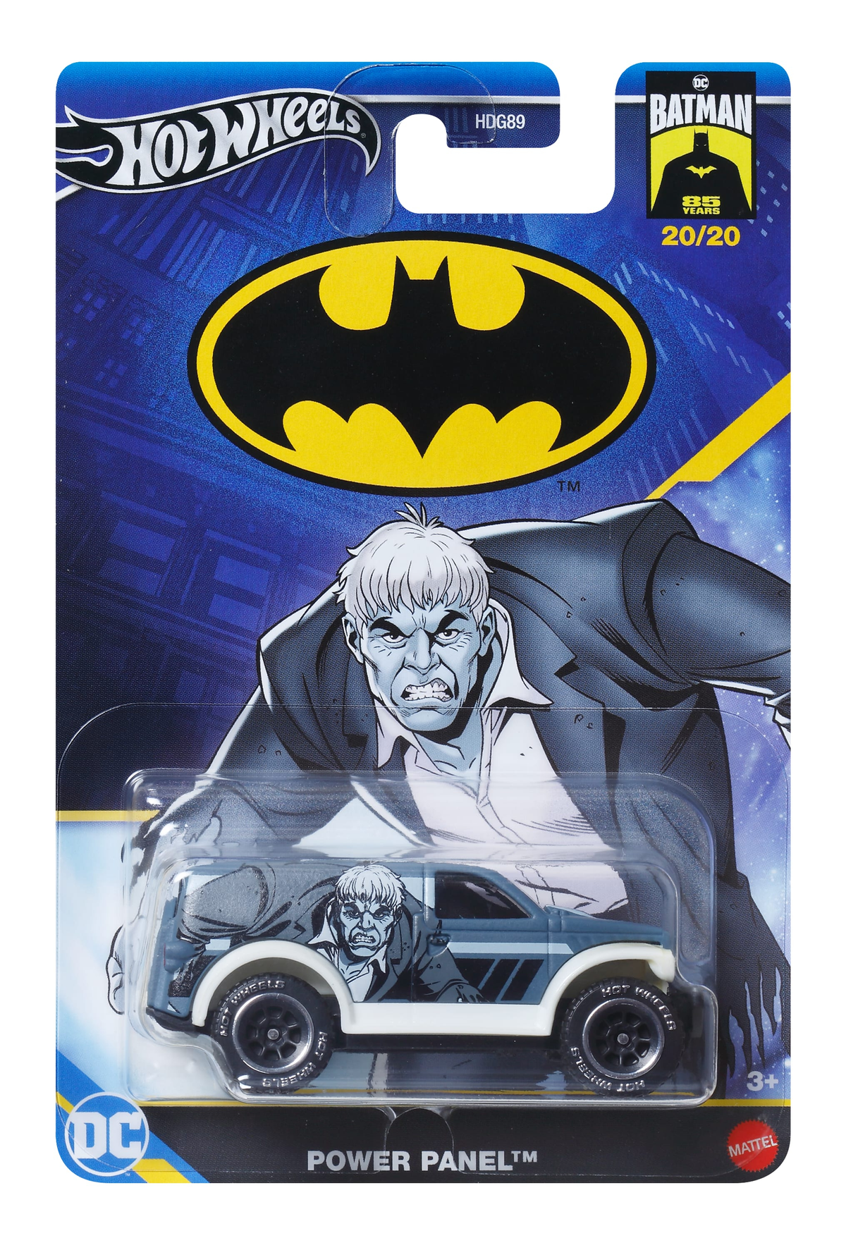 Coche Hot Wheels Batman Power Panel en una tarjeta azul. El coche presenta una ilustración de cómic de un personaje.