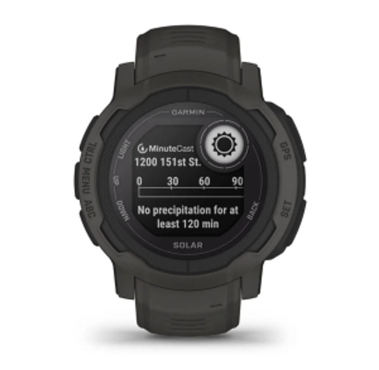 Czarny zegarek Garmin wyświetla informacje o pogodzie: MinuteCast, adres i brak opadów przez co najmniej 120 minut.