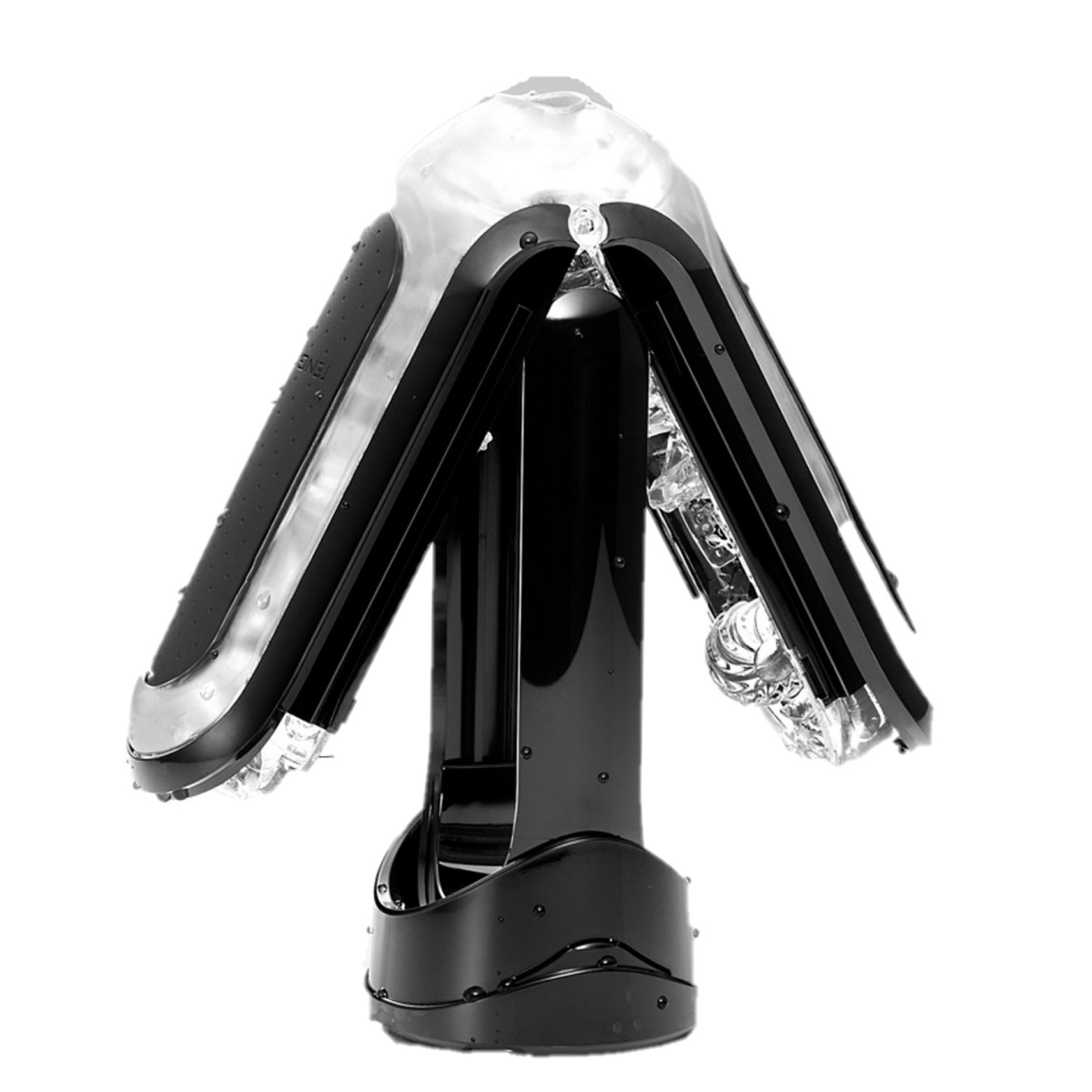 Czarne i przezroczyste urządzenie na białym tle. Urządzenie ma zakrzywione ramiona i podstawę. Widoczne są przezroczyste elementy z tworzywa sztucznego.