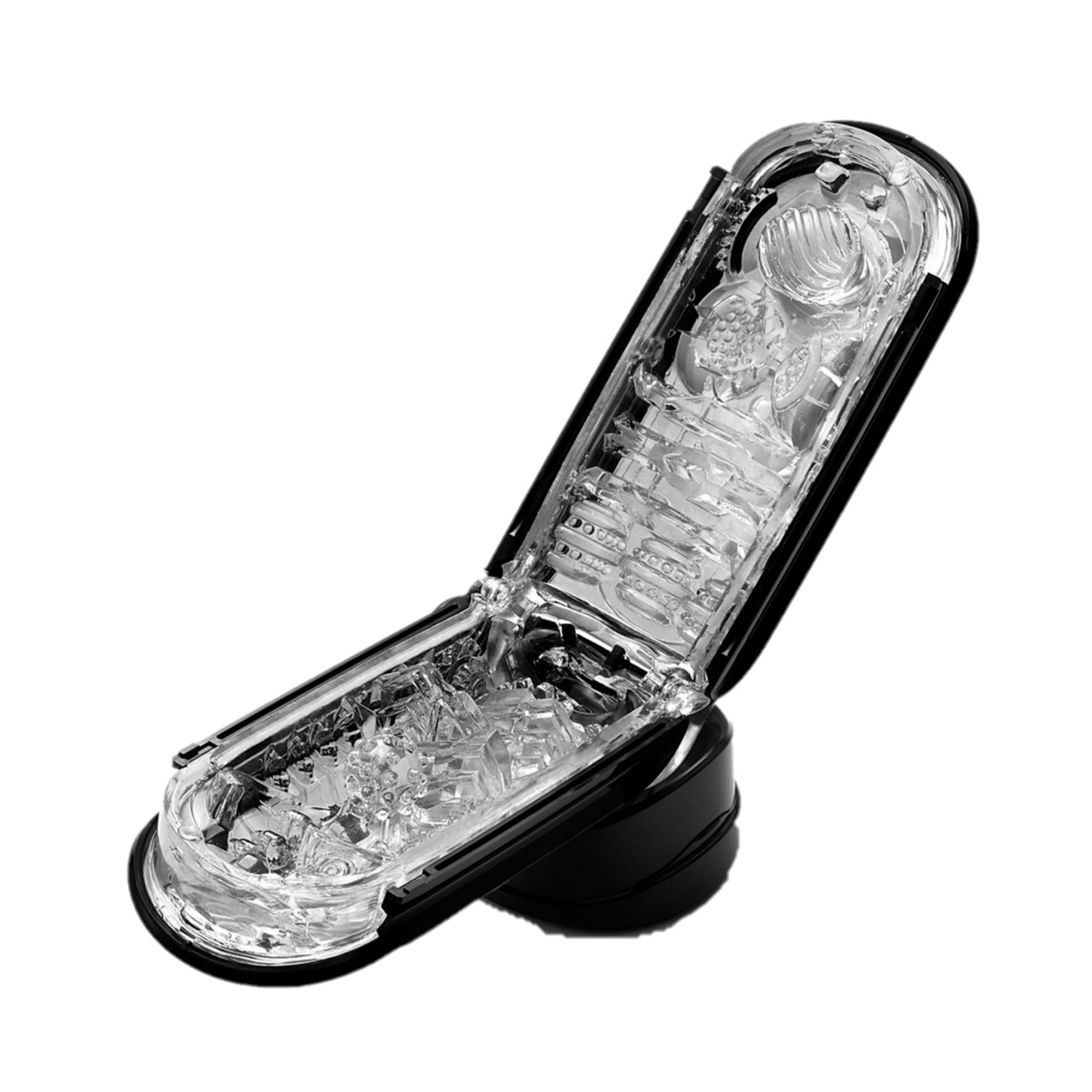 Przezroczysta, otwarta zabawka erotyczna z czarnymi akcentami na białym tle. Zabawka jest pod kątem, ukazując wewnętrzne tekstury.