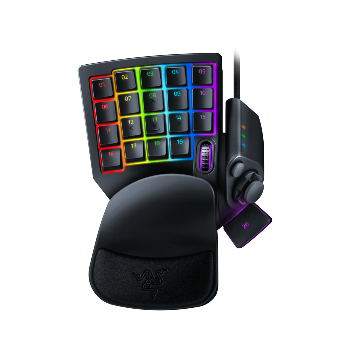 Gaming-Tastatur mit nummerierten Tasten und einem Joystick. Die Tasten sind farbig beleuchtet, das Gerät ist schwarz mit Handballenauflage und Razer-Logo.