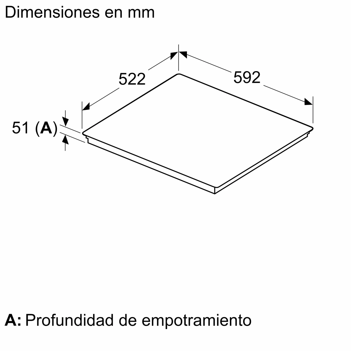 Diagram z wymiarami w mm prostokątnej powierzchni. Wymiary: 522, 592 i 51 (A). A: Głębokość zabudowy.