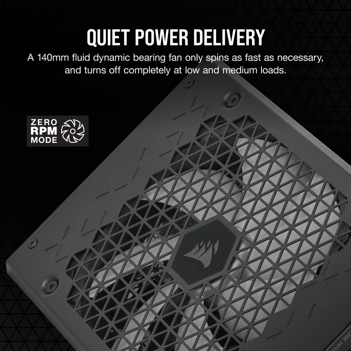 Ventola per computer nera con griglia metallica, il logo Corsair e il testo Quiet Power Delivery.