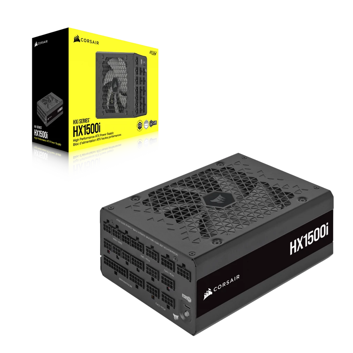 Un alimentatore Corsair HX1500i nero su sfondo nero. Una scatola con lo stesso prodotto è sullo sfondo.