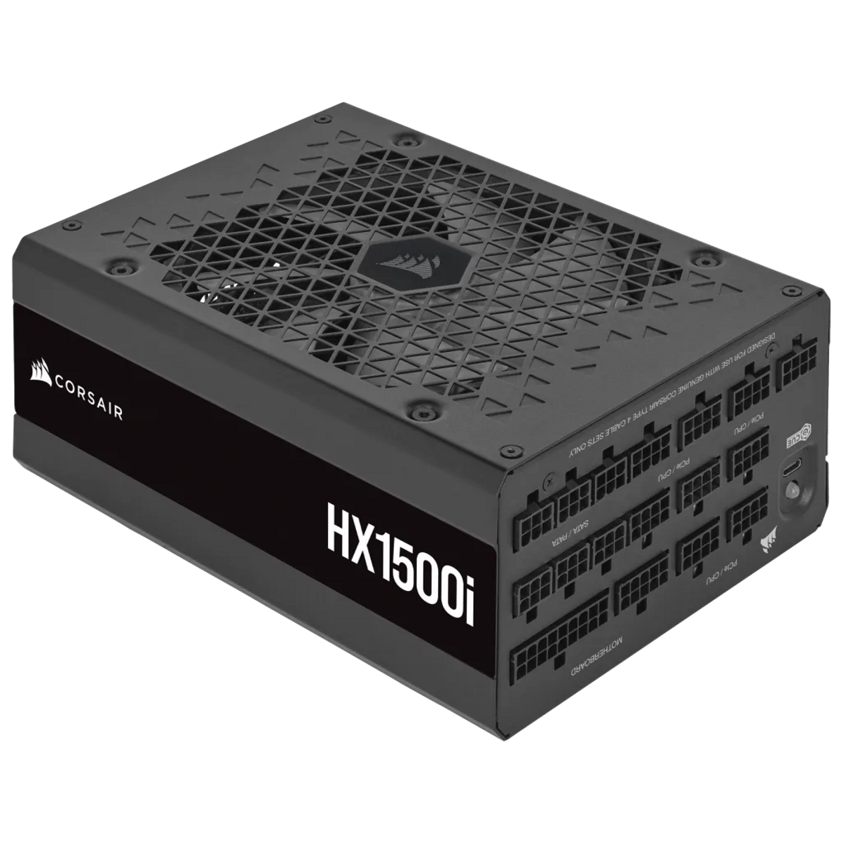 Un alimentatore Corsair HX1500i nero. Ha più porte per cavi ed è visibile il logo Corsair.