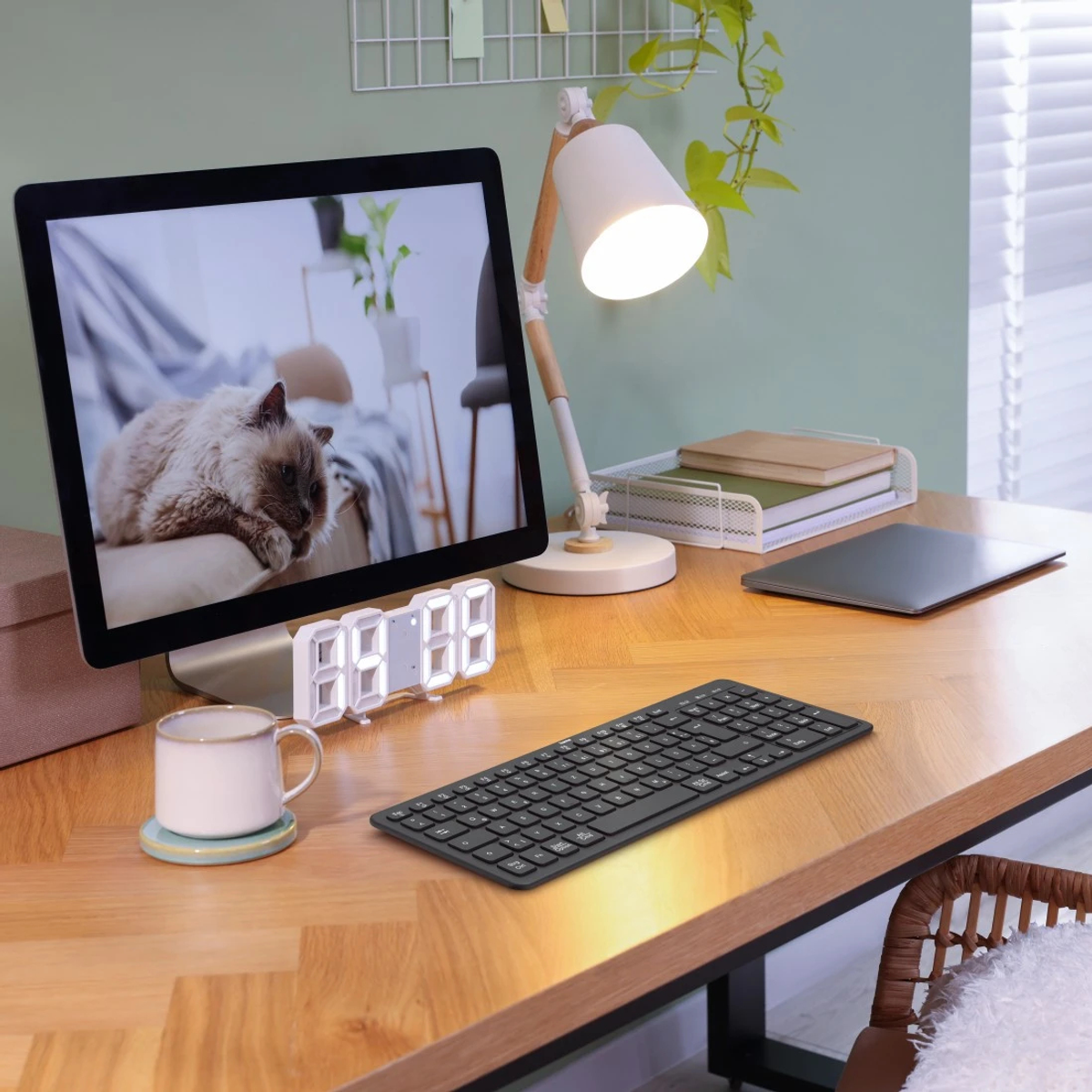 Una scrivania con monitor con gatto, tastiera, lampada, tazza di caffè e orologio. Lo sfondo è un muro verde chiaro.