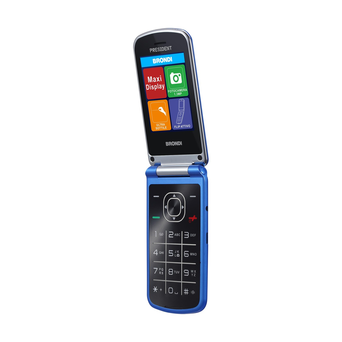 Un teléfono plegable azul y negro está abierto. Tiene botones, una pantalla con iconos y la marca BRONDI.