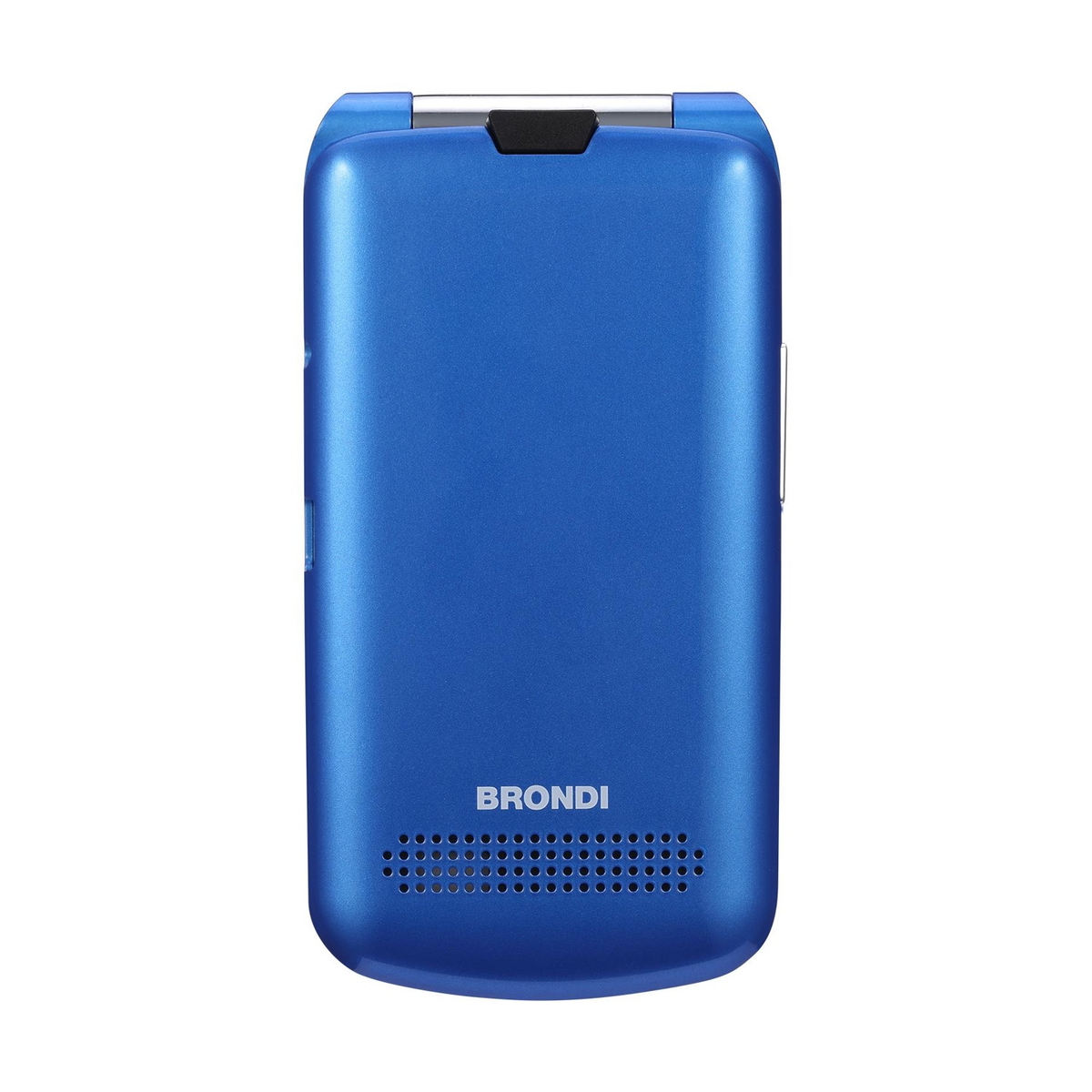 Teléfono plegable azul con la marca "BRONDI" en la parte inferior. El teléfono está cerrado. Aislado sobre fondo blanco.