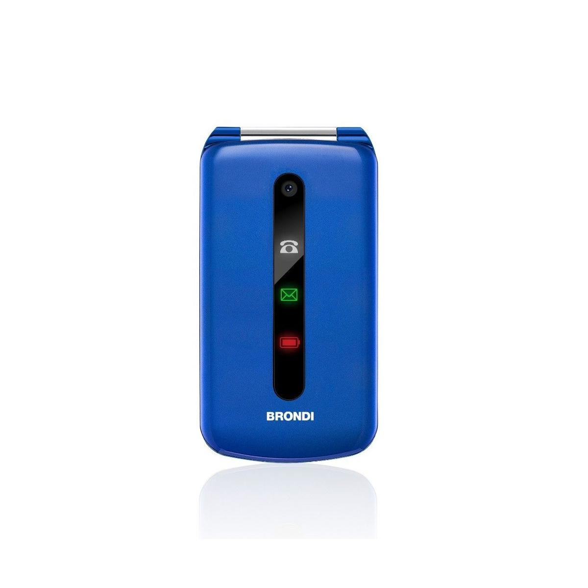 Un teléfono plegable azul se muestra sobre un fondo blanco. Tiene un icono de teléfono, un sobre y un indicador de batería. La marca es BRONDI.