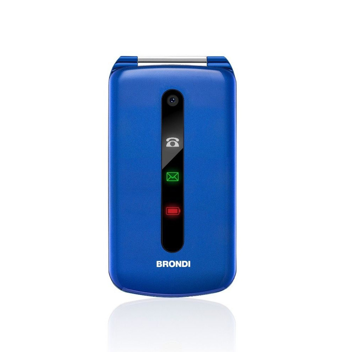 Teléfono plegable Brondi azul. Tiene cámara, indicadores de teléfono, correo electrónico y batería. El teléfono está sobre fondo blanco.