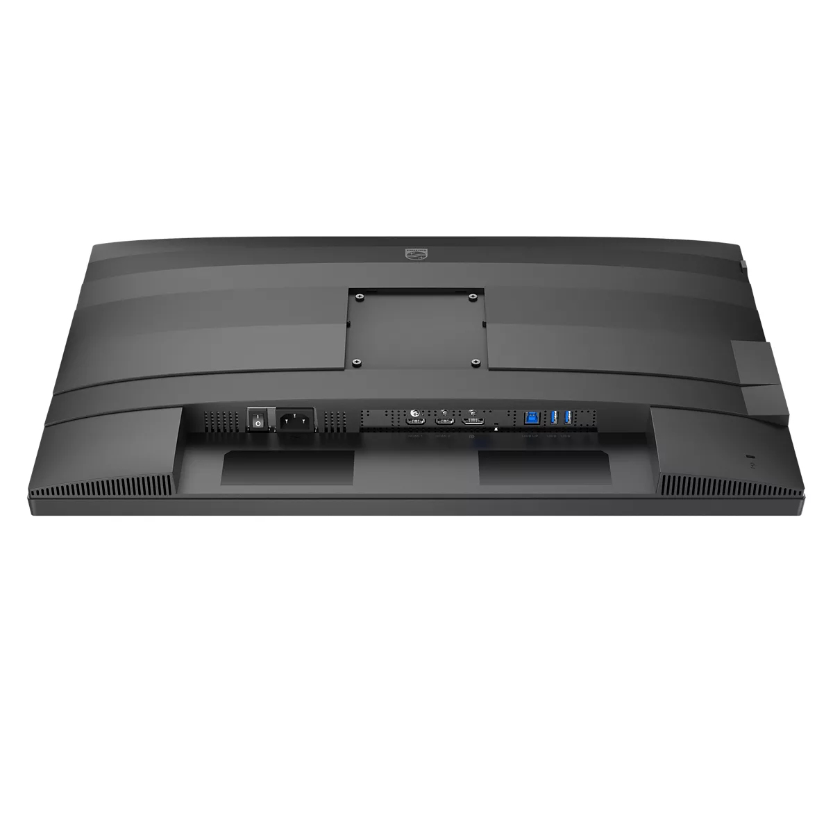 Widok z tyłu czarnego monitora. Widoczne porty to zasilanie, HDMI, USB i audio. Monitor ma zakrzywioną konstrukcję i mocowanie.