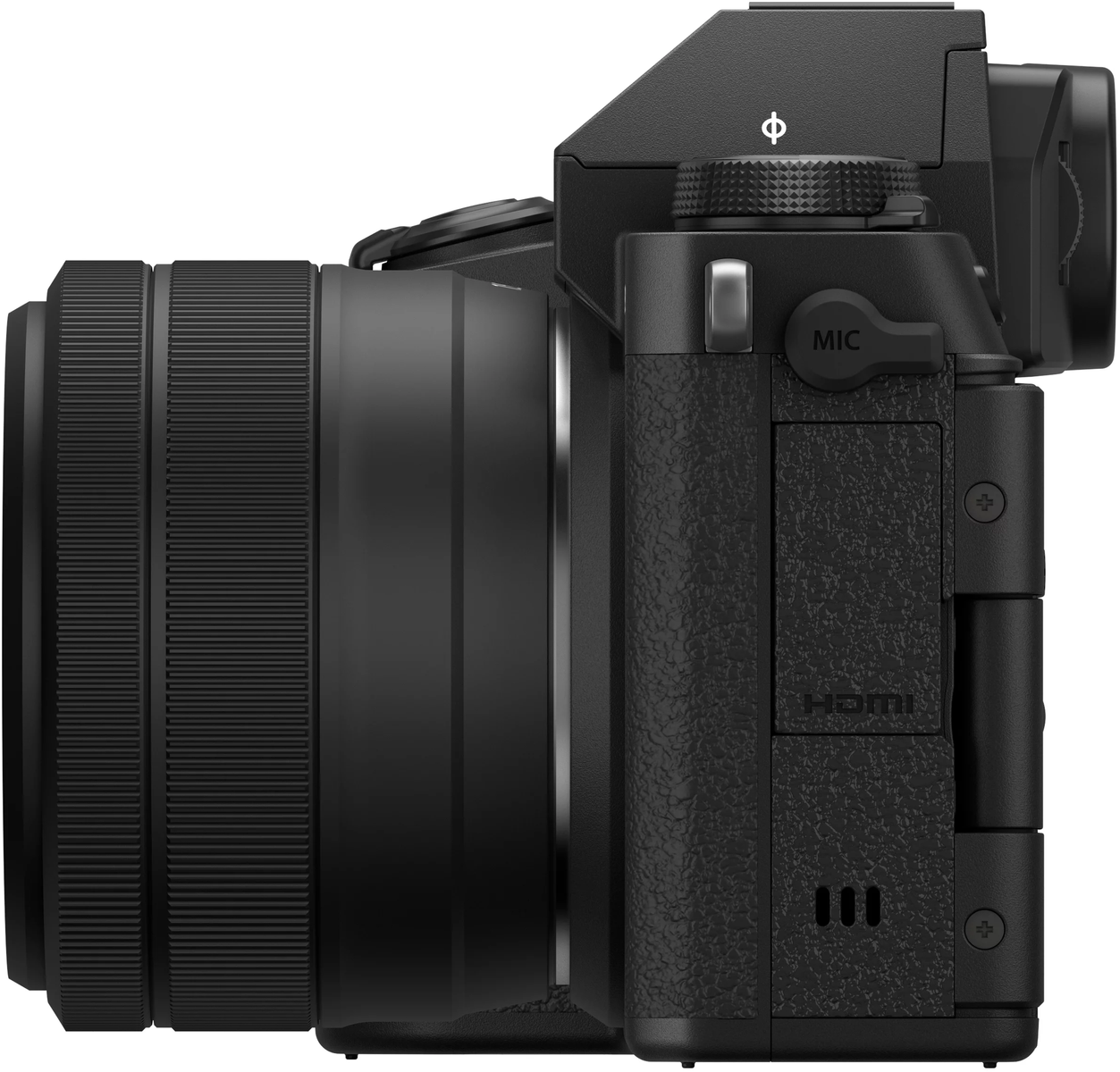 Una fotocamera nera con un obiettivo collegato. La vista laterale mostra l'obiettivo, i pulsanti e le scritte 'MIC' e 'HDMI'. La fotocamera è su sfondo bianco.