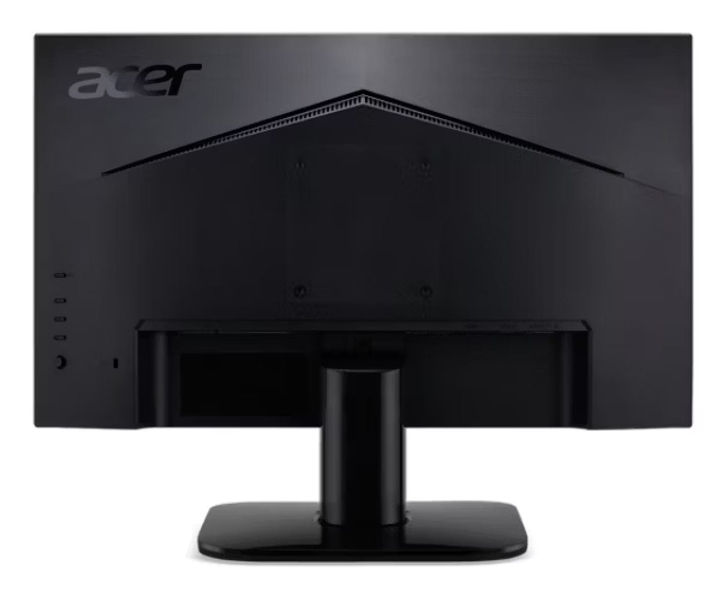 Tył czarnego monitora Acer. Monitor stoi na czarnym stojaku. Logo Acer znajduje się w lewym górnym rogu.