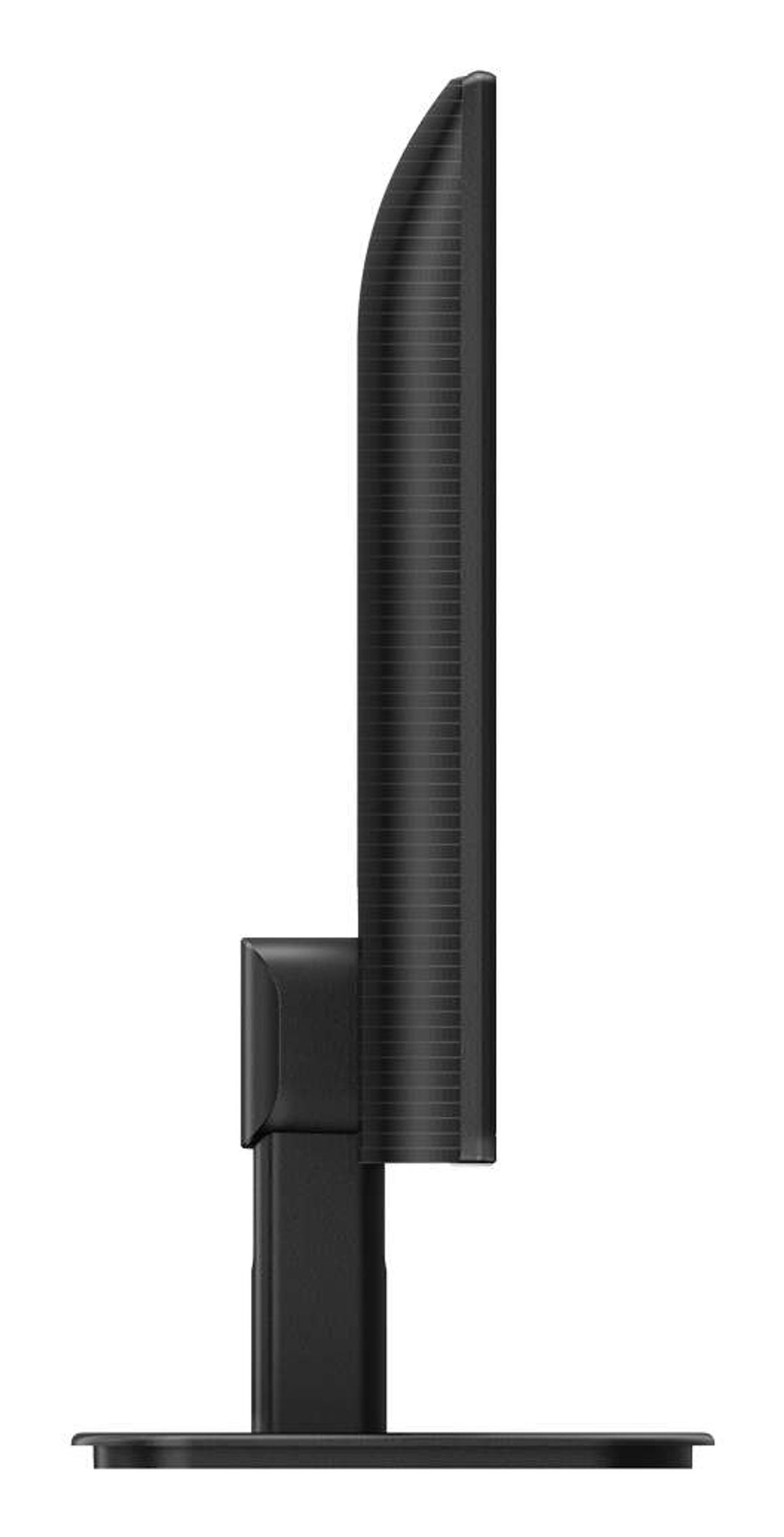 Widok z boku czarnego monitora. Ekran jest cienki, a podstawa prostokątna. Jest na białym tle.