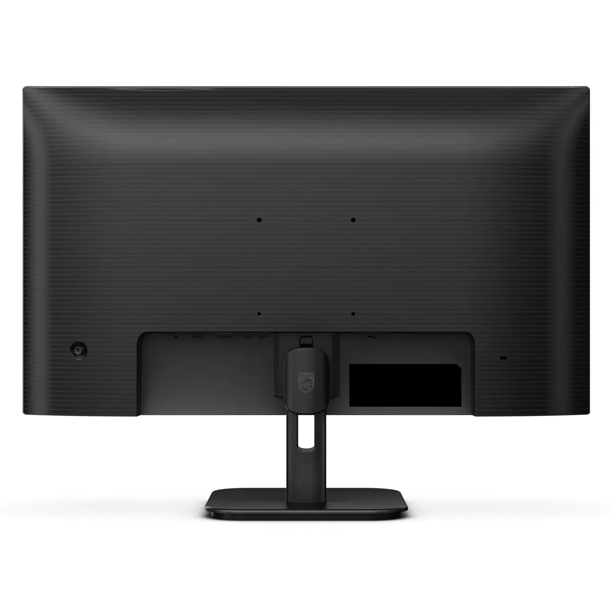 Tył czarnego monitora Philips. Zawiera porty, podstawę i logo Philips. Monitor jest na białym tle.