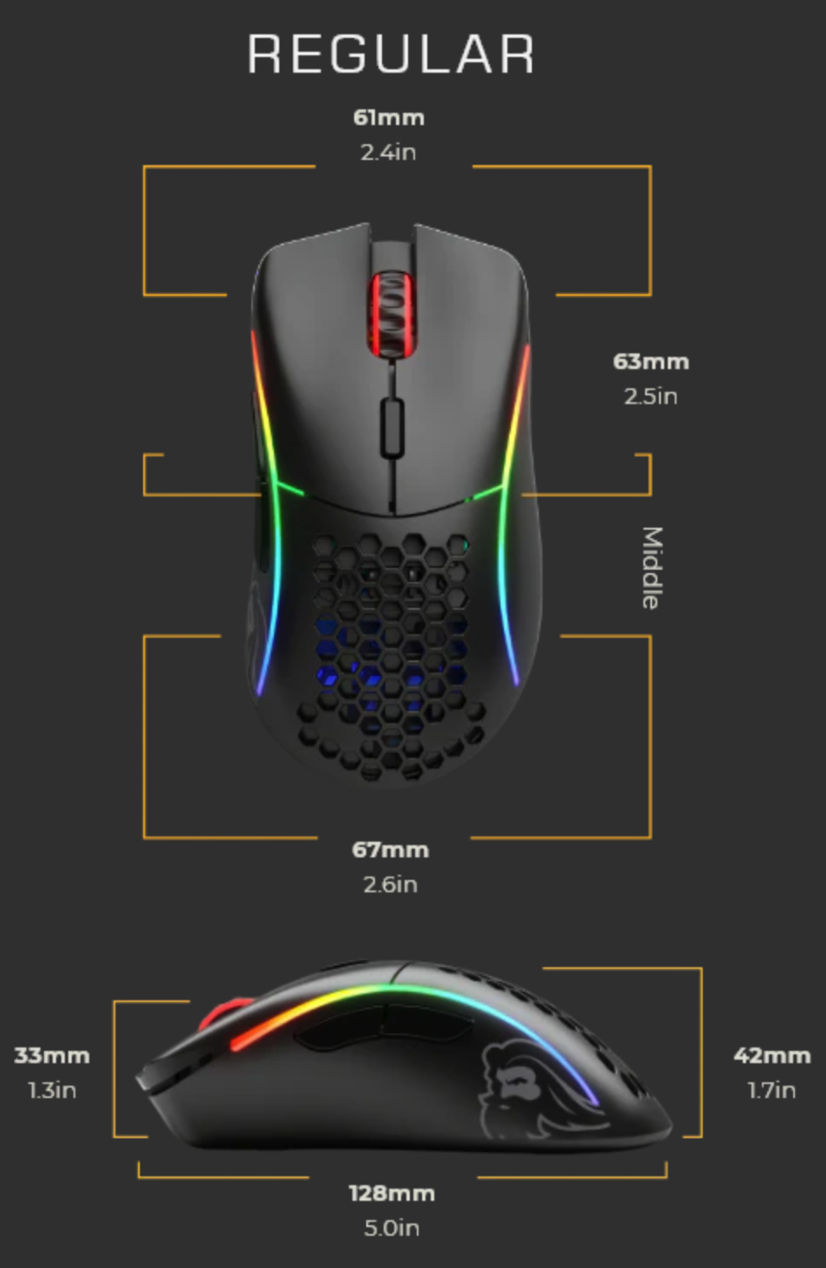 Zwarte gamingmuis met RGB-verlichting, afmetingen aangegeven. Bovenaanzicht toont afmetingen. Zijaanzicht toont muisprofiel en logo.