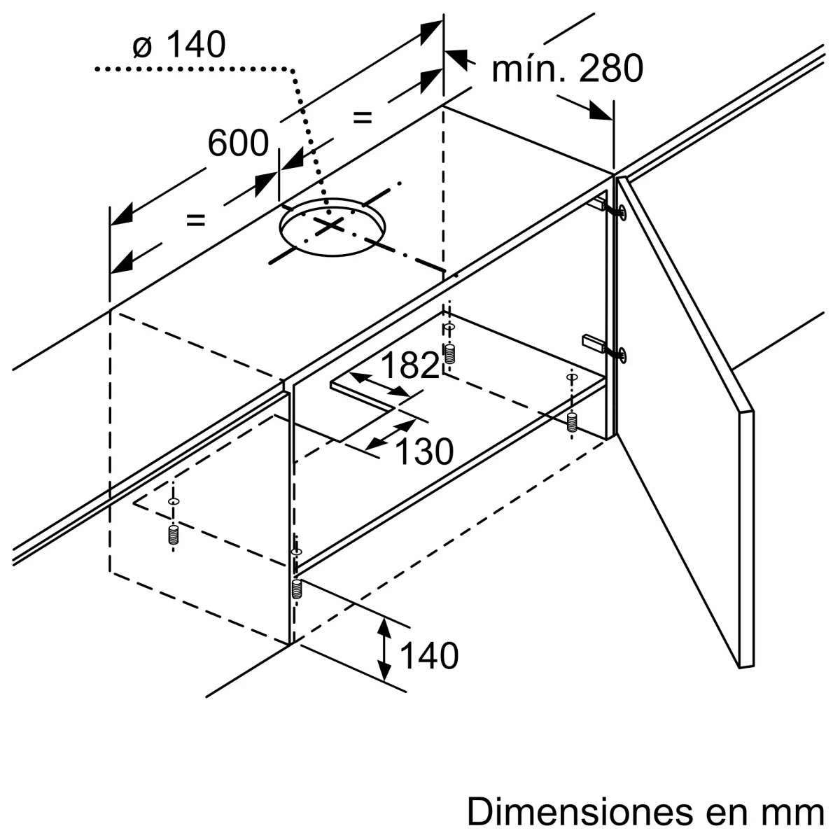 Diagram van keukenkast met afmetingen in mm. Toont een bovenkant met een cirkelvormige uitsparing en een open kast met planken.