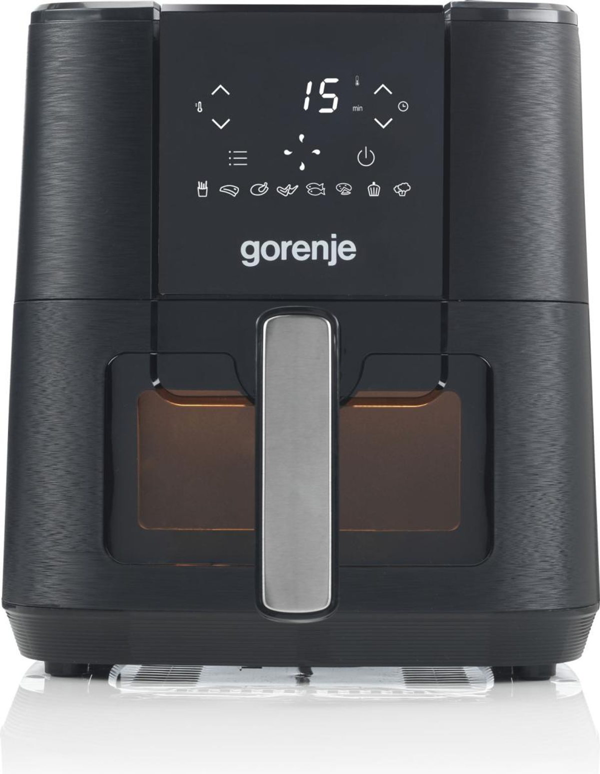 Czarna frytkownica Gorenje z cyfrowym wyświetlaczem. Pokazuje 15 minut. Posiada uchwyt i przezroczyste okno do gotowania.